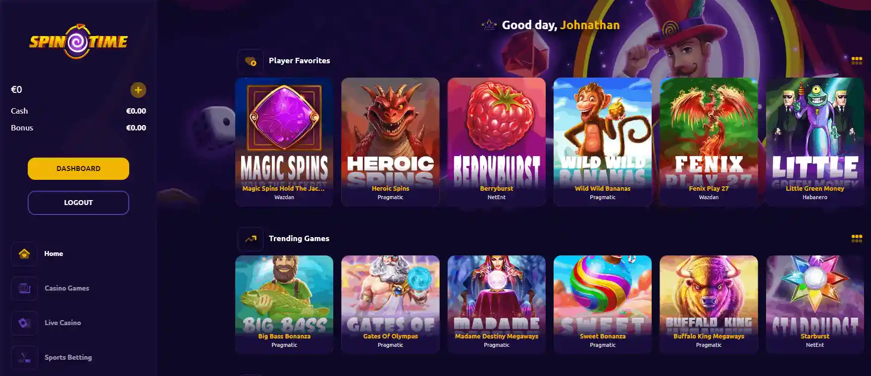 SpinTime casino lobby with slots and the Spin 777 wheel